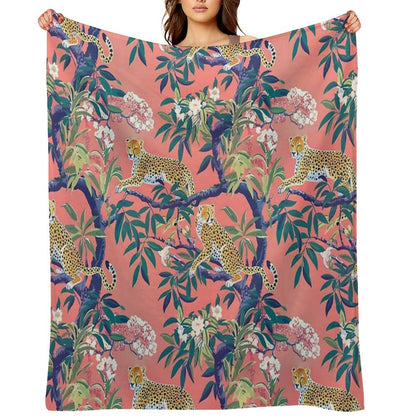 Leopards in Chinoiserie Garden in Blue And Orange Throw Blanket