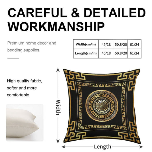 Greek Key Meander Black Gold Large Linen Throw Pillow Cover