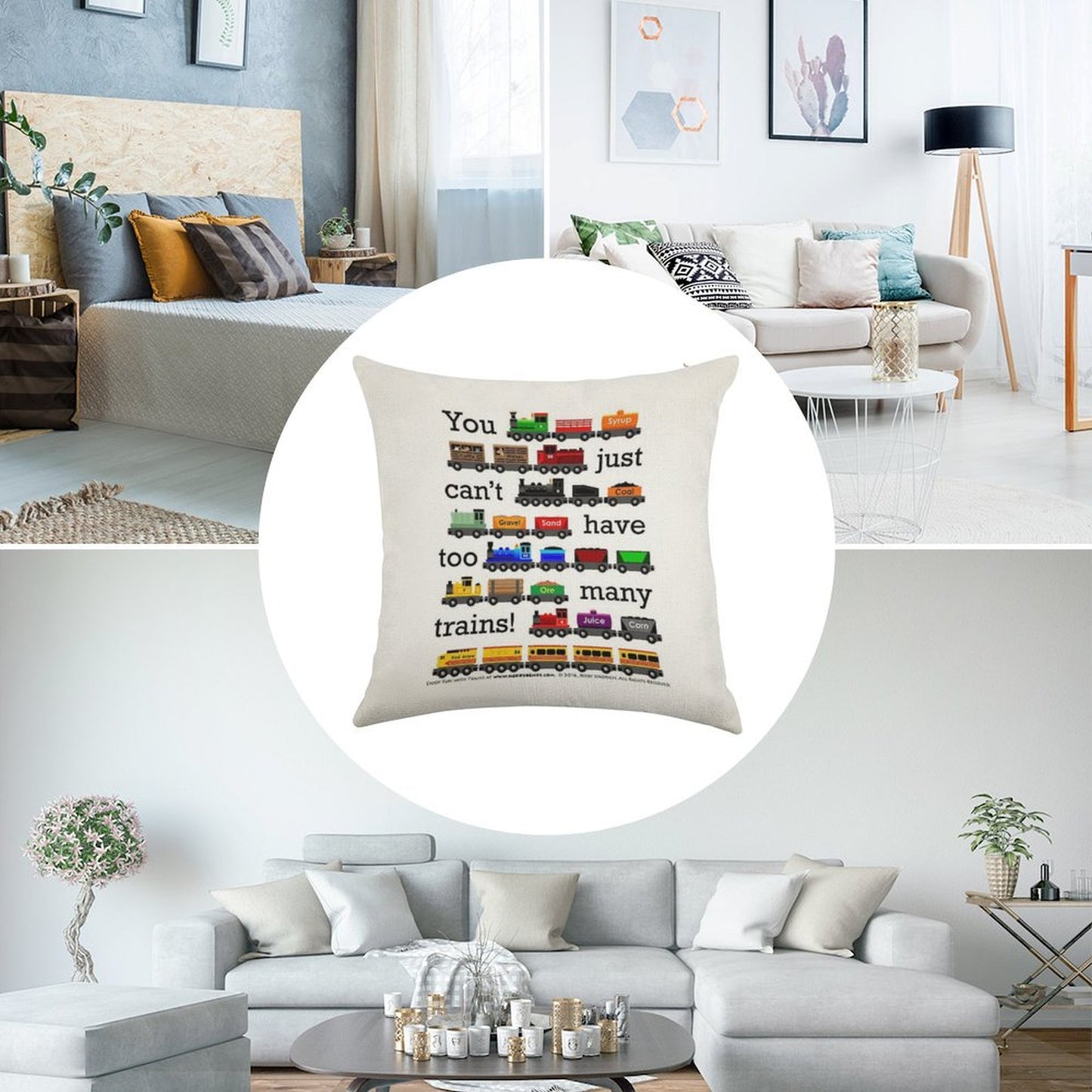 Too Many Trains - Black Lettering Linen Throw Pillow Cover