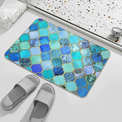 Cobalt Blue, Aqua & Gold Decorative Moroccan Tile Pattern Bath Mat