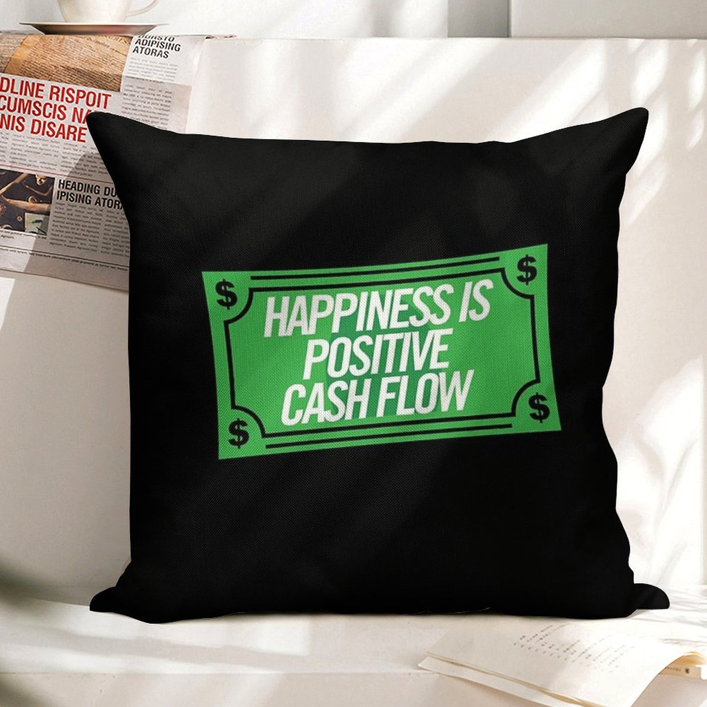 Happiness Is Positive Cash Flow Money Quote Linen Throw Pillow Cover