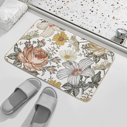 Blooming Beige Multicolor Peony Daisy Floreal Pattern  Absorbent Bath Mat