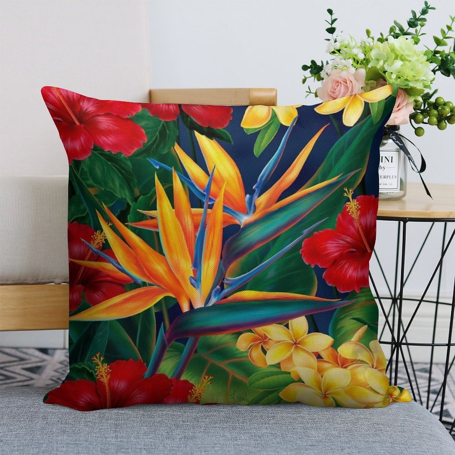 Tropical Paradise Hawaiian Birds of Paradise Illustration Linen Throw Pillow Cover