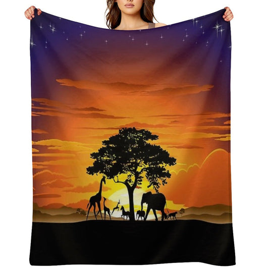 Wild Animals on African Savanna Sunset Throw Blanket