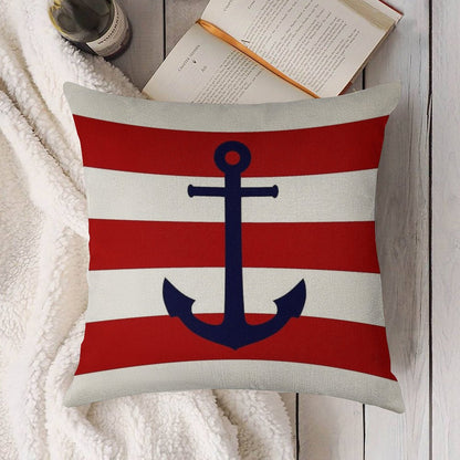 Nautical Navy Blue Anchor On Red Stripes Linen Throw Pillow Cover