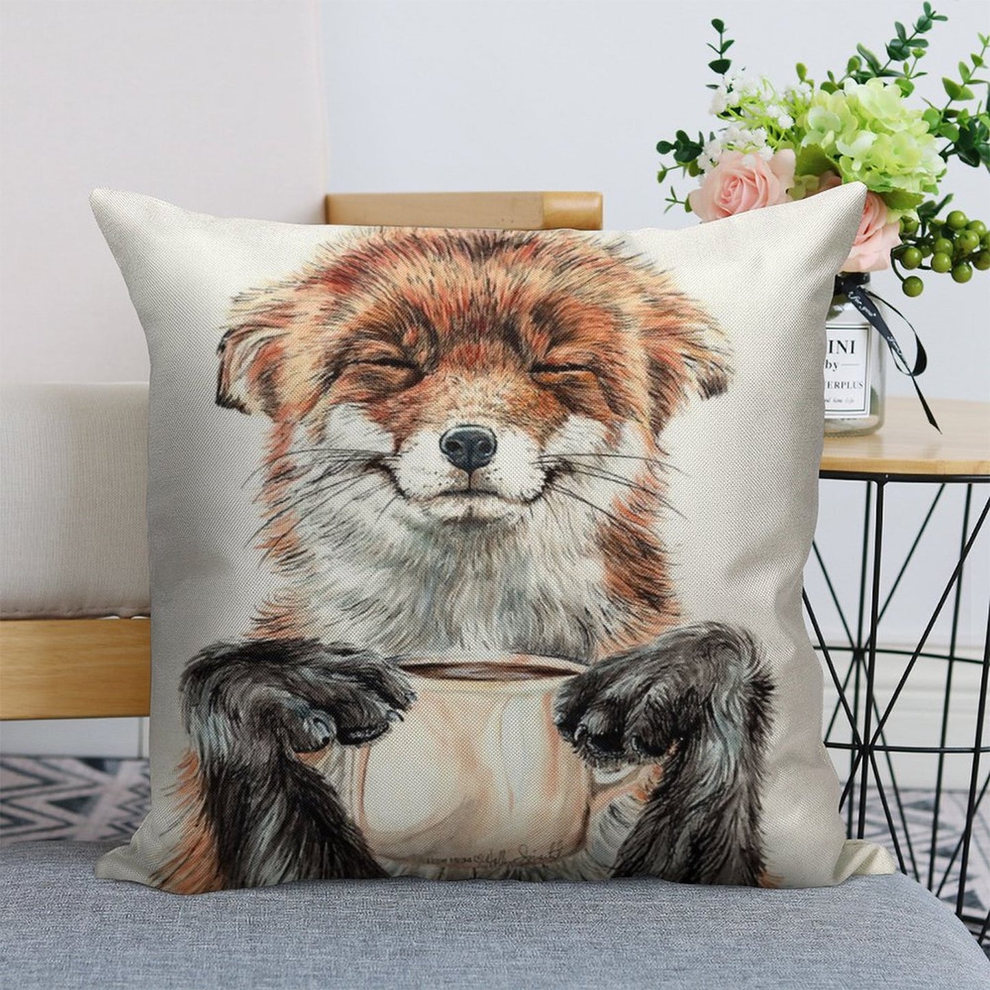 Morning Fox - Cute Coffee Animal Linen Throw Pillow Cover
