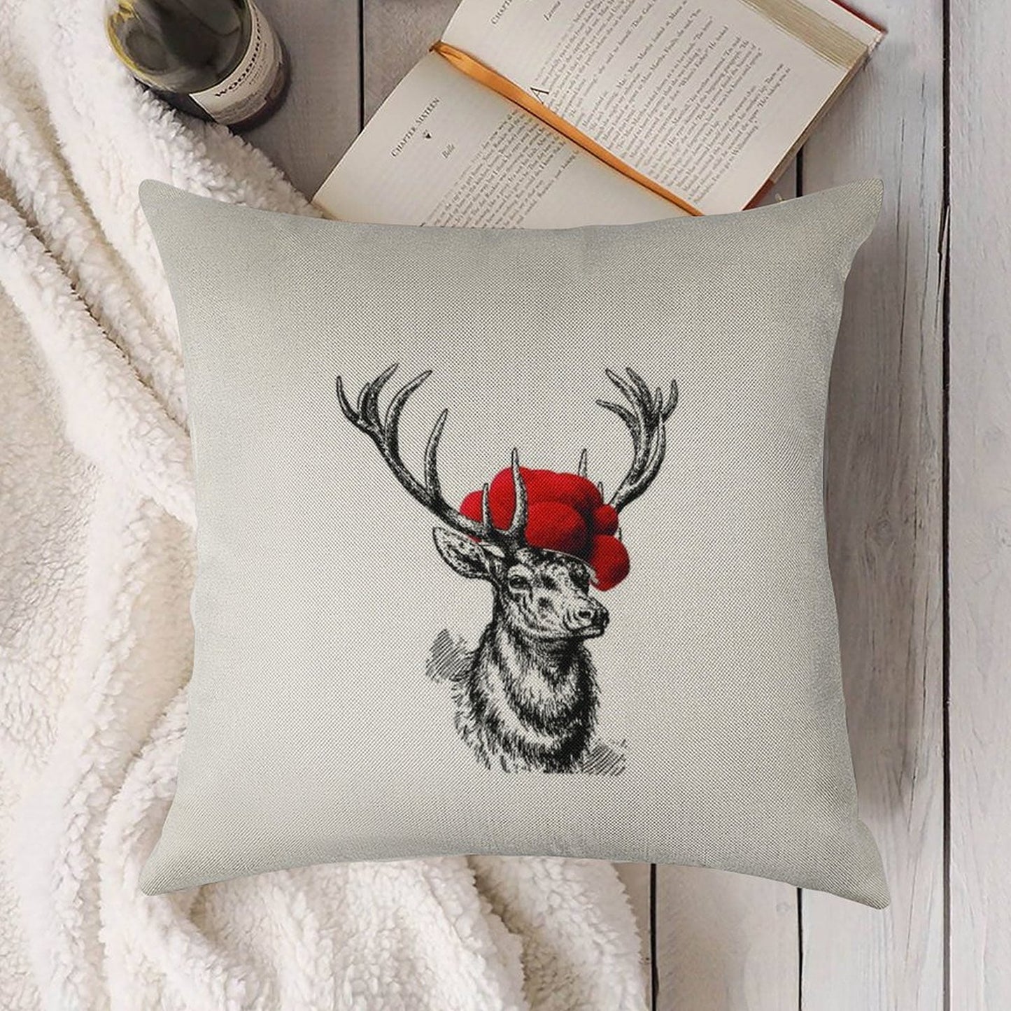 Deer with A Pollen Hat Linen Throw Pillow Cover