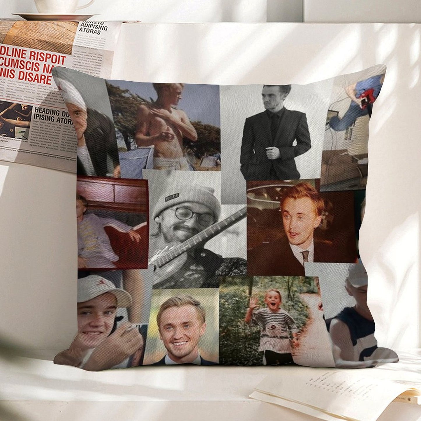 Tom Felton Collage Linen Throw Pillow Cover