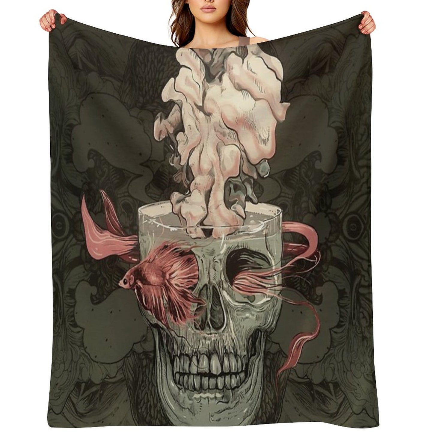 Skull And Red Fish Throw Blanket