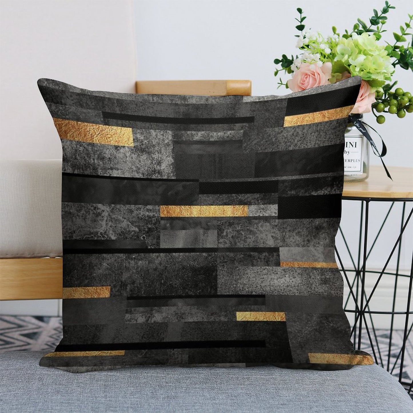 Urban Black & Gold Linen Throw Pillow Cover