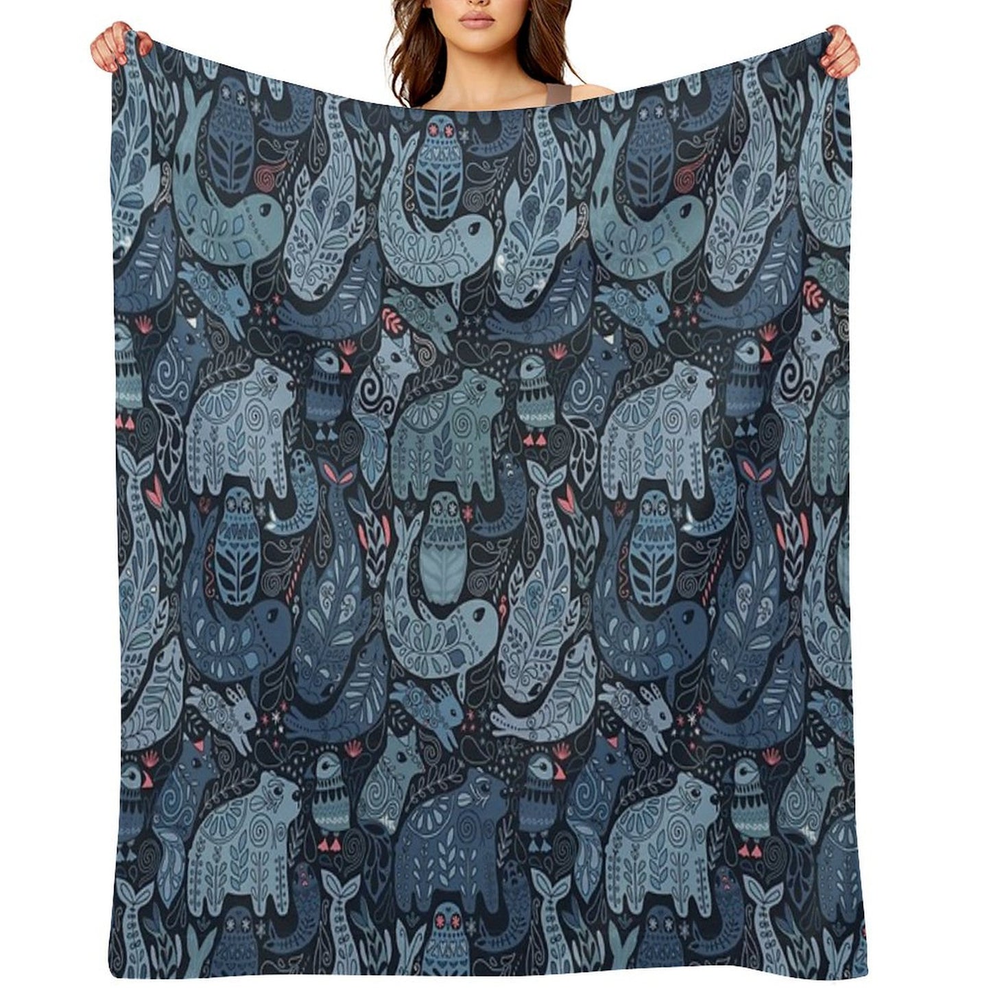 Arctic Animals. Narwhal, Polar Bear, Whale, Puffin, Owl, Fox, Bunny, Seal. Throw Blanket