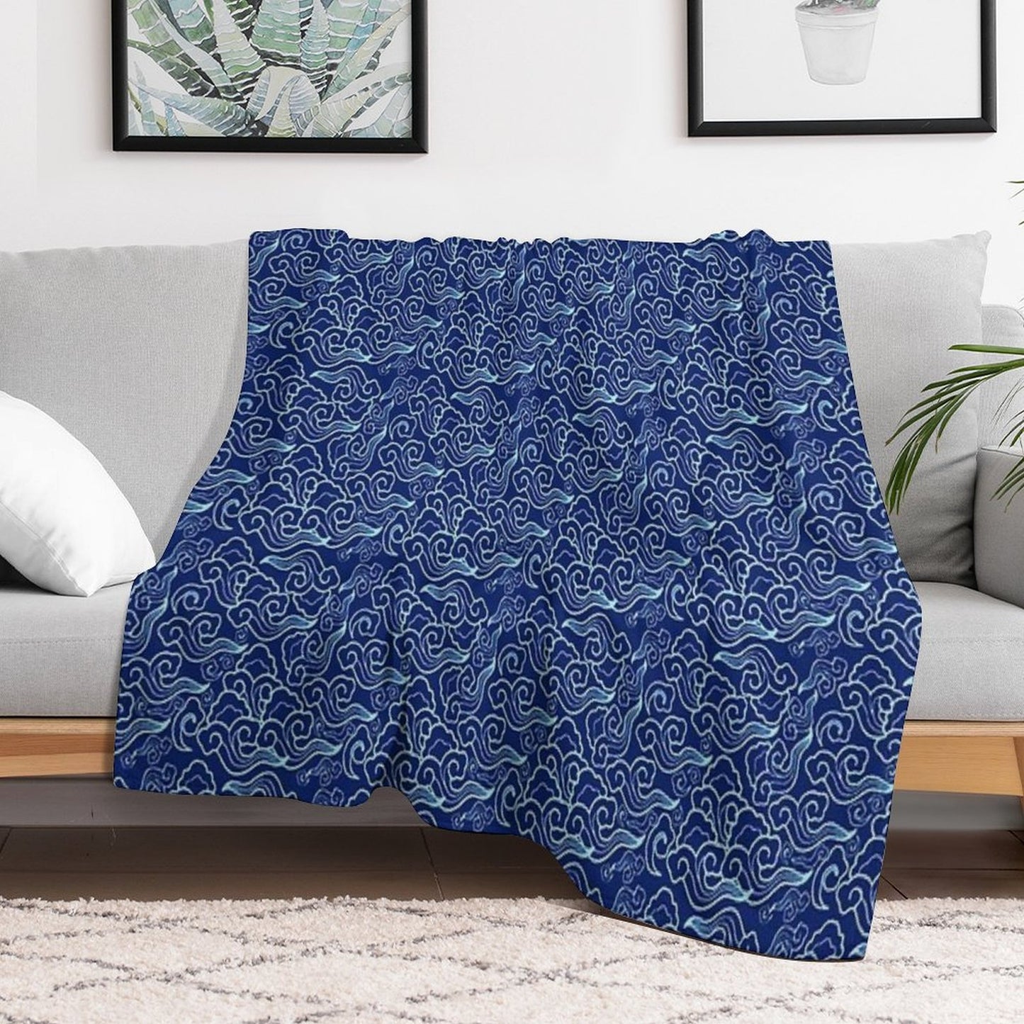 Vintage Japanese Clouds, Cobalt And Sky Blue Throw Blanket