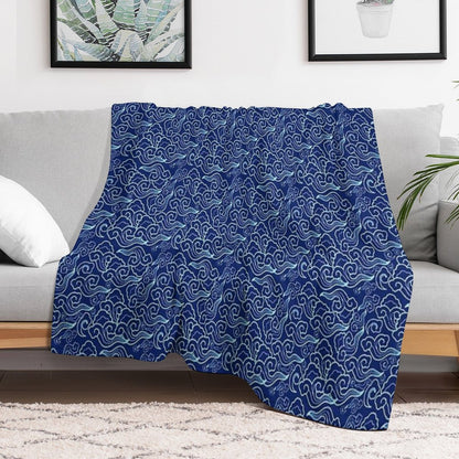 Vintage Japanese Clouds, Cobalt And Sky Blue Throw Blanket