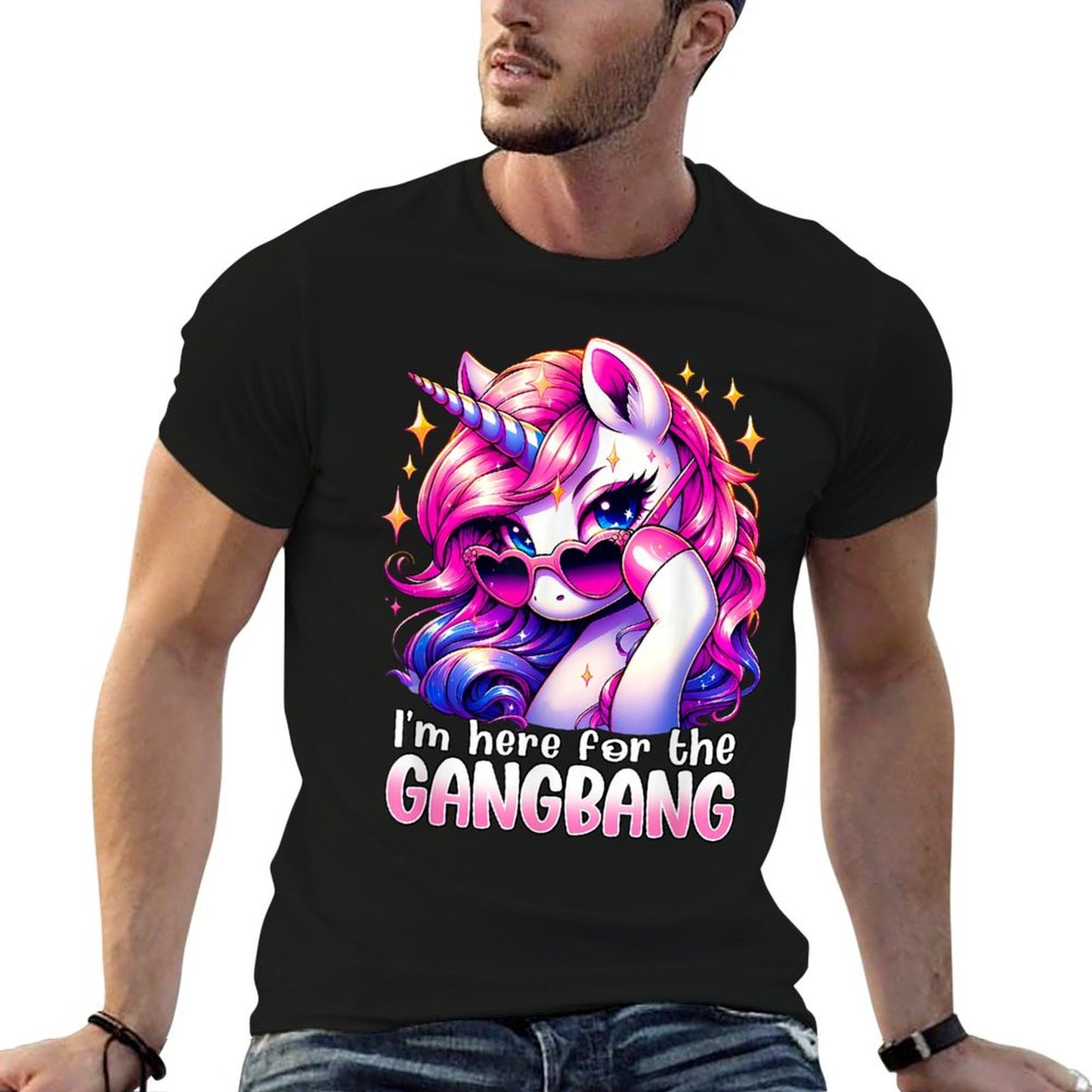 Embarrassing Crude Humor Adult Raunchy Gag I&#39;M HERE FOR THE GANGBANG Funny Inappropriate Sex Humor Joke Unisex-Adults Purple T-Shirt