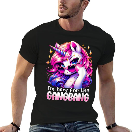 Embarrassing Crude Humor Adult Raunchy Gag I&#39;M HERE FOR THE GANGBANG Funny Inappropriate Sex Humor Joke Unisex-Adults Purple T-Shirt