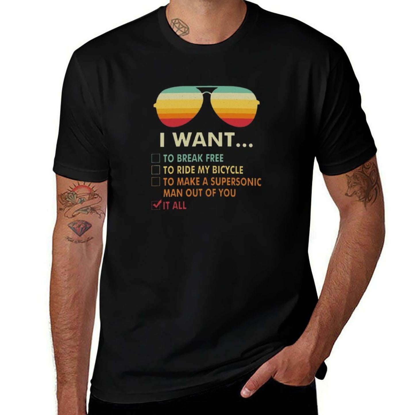 Funny Music Lover Gift Bicycle Costume I Want It All  Vintage-inspired T-Shirt