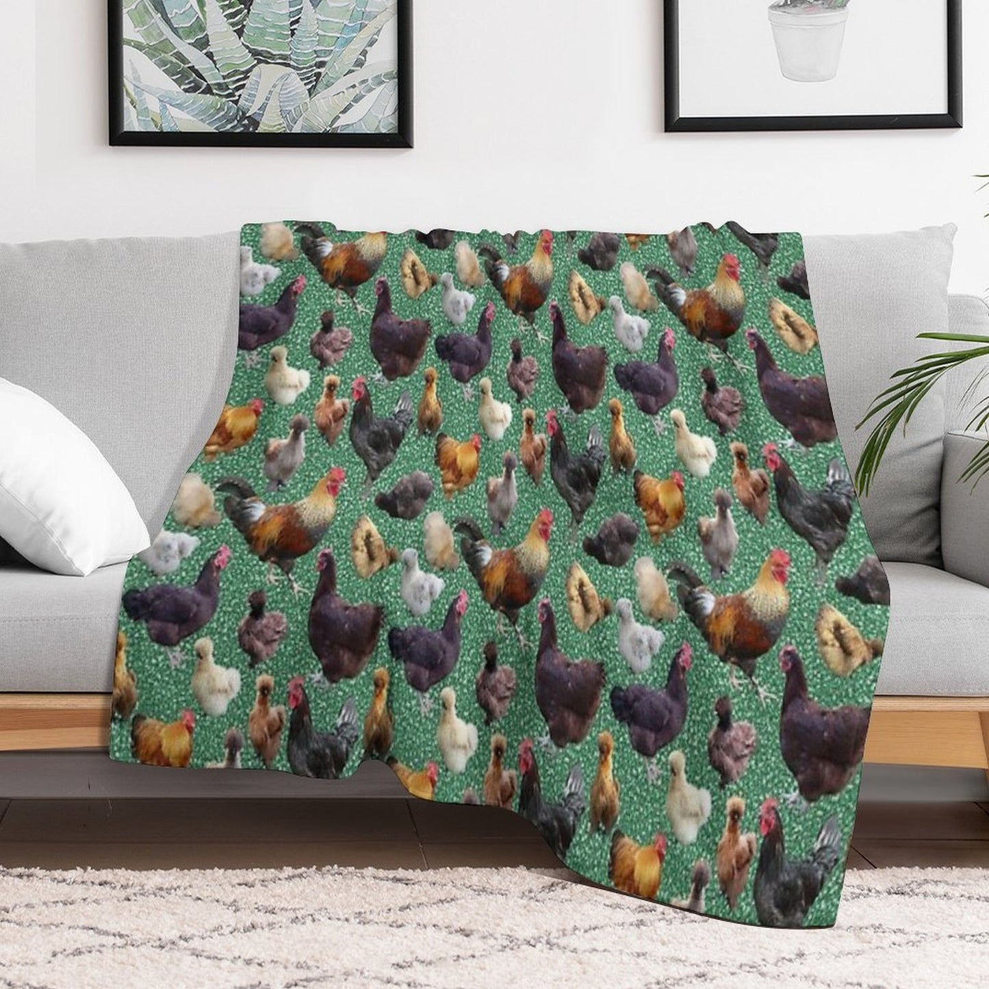 Backyard Chickens on Green Glitter Throw Blanket