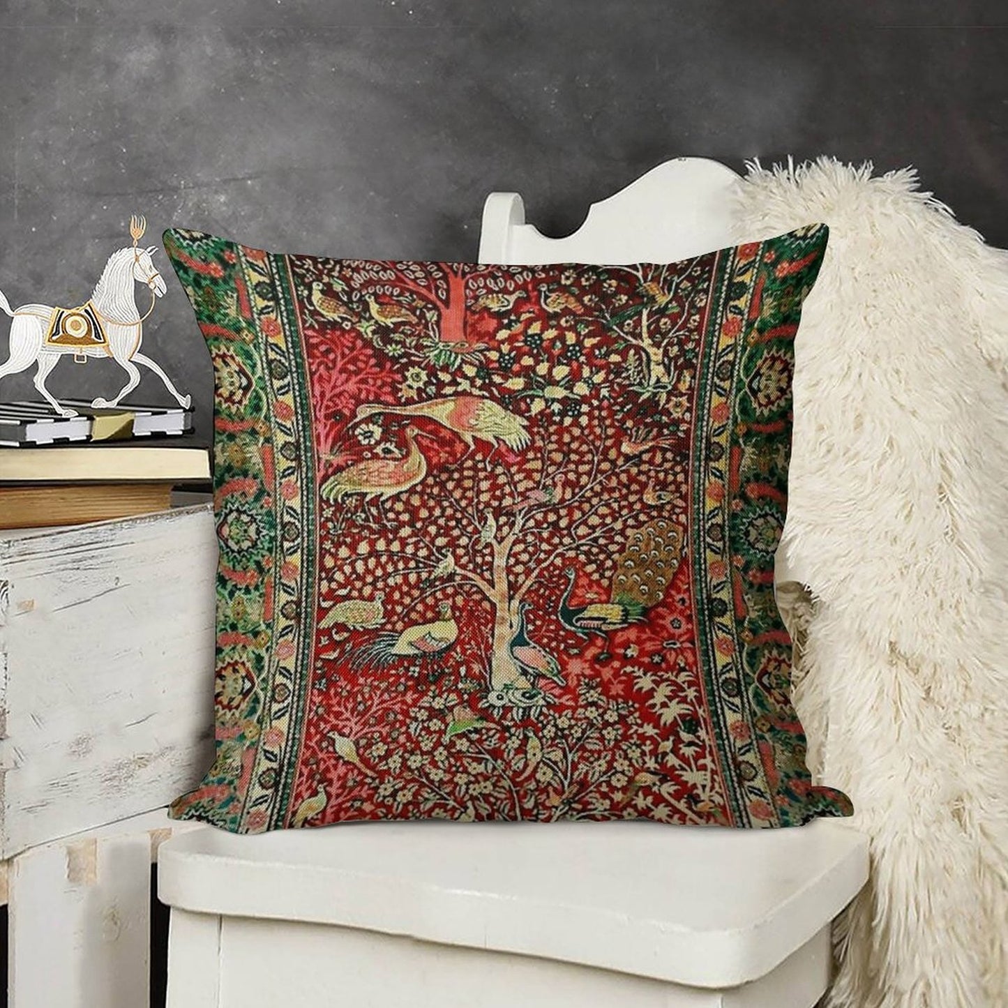 Antique Persian Rug Bird Tree Flowers Ca. 1600 Print Linen Throw Pillow Cover