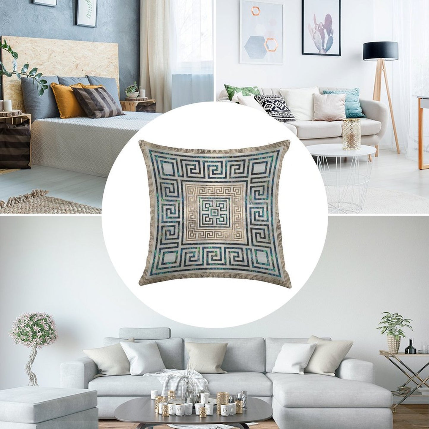 Greek Key Ornament - Greek Meander -Abalone And Gold Linen Throw Pillow Cover