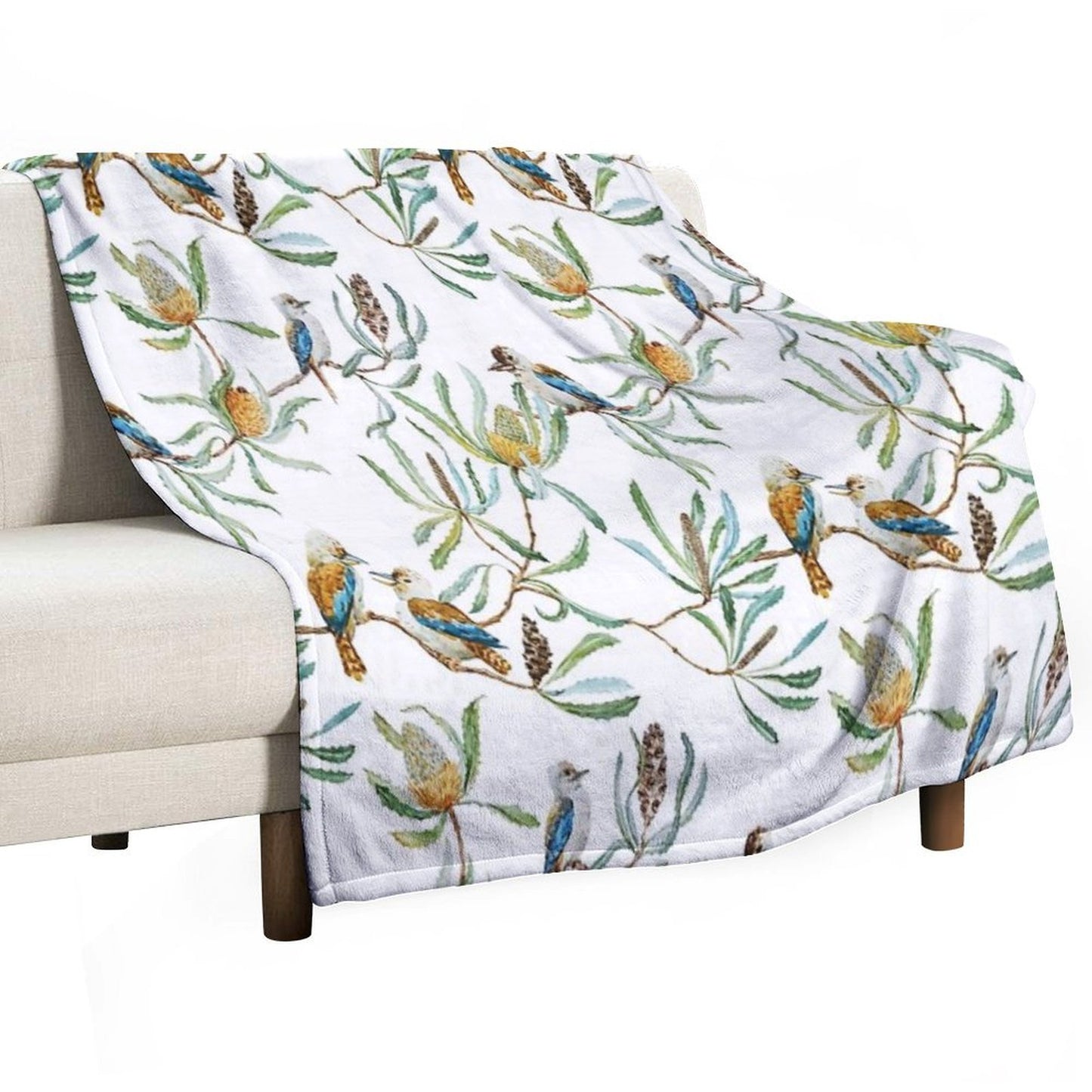 Australian Kookaburras, Waratah Flowers,  Leaves Pattern Throw Blanket