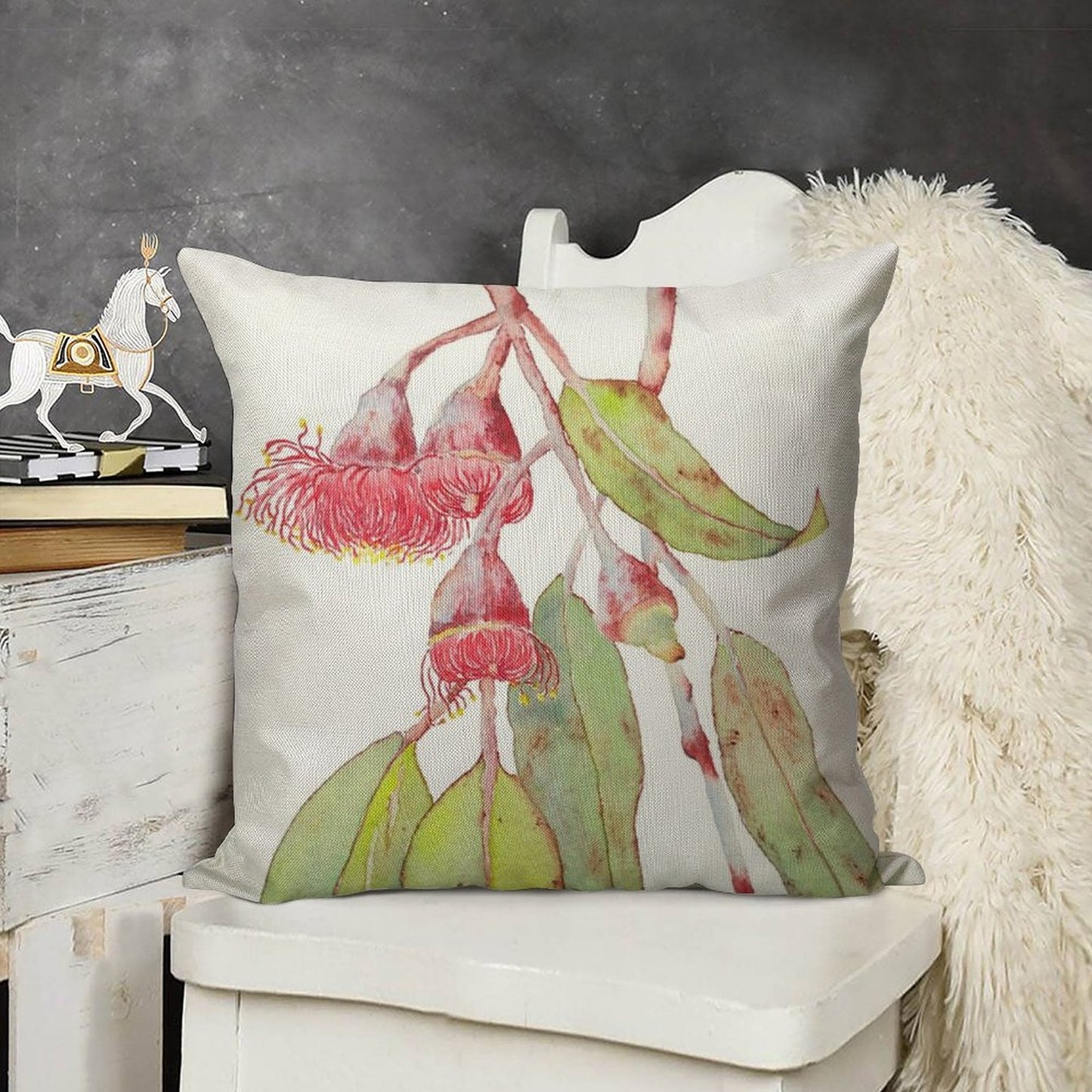 Flowering Silver Princess Eucalyptus Watercolor Linen Throw Pillow Cover