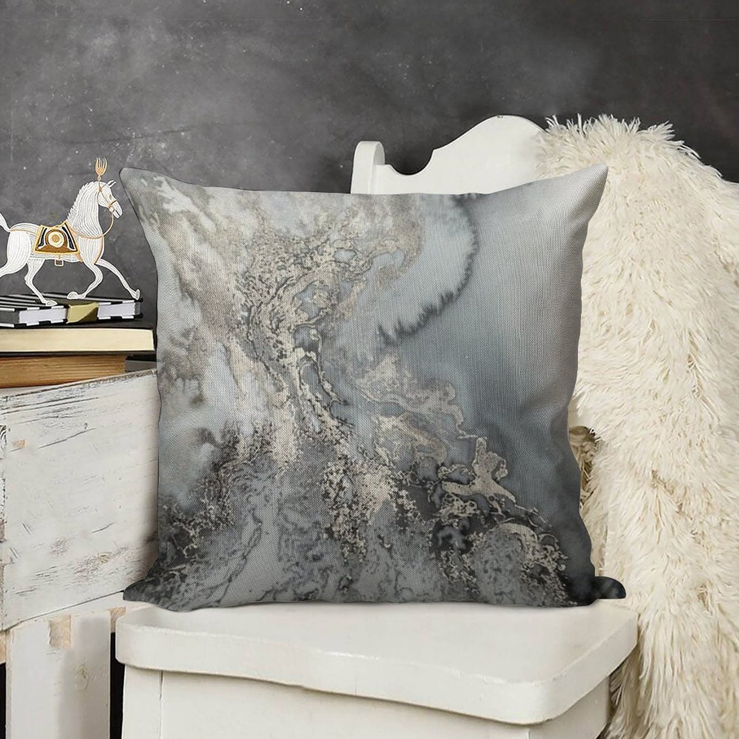 Gray Silver Snow Marble Print Linen Throw Pillow Cover