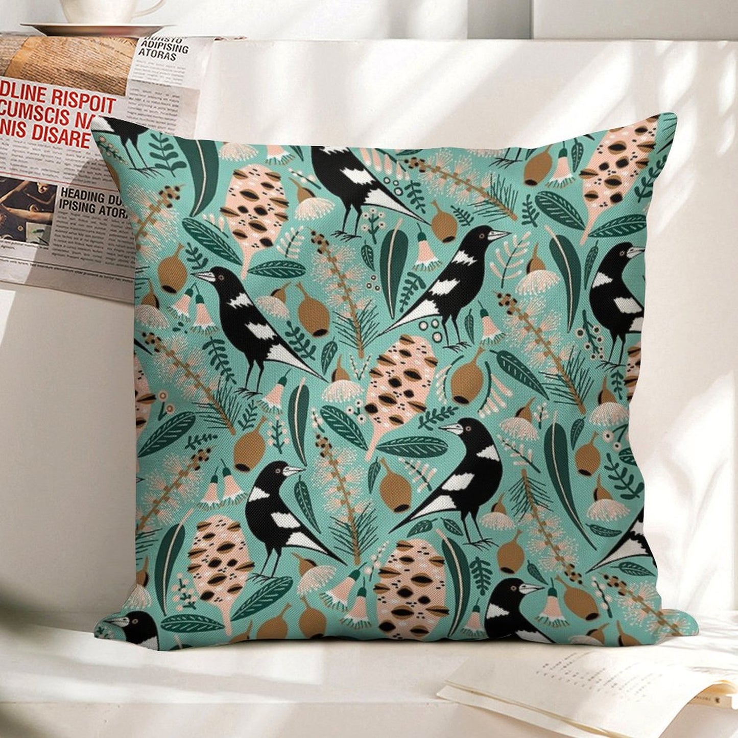 Australian Bush Magpies Linen Throw Pillow Cover