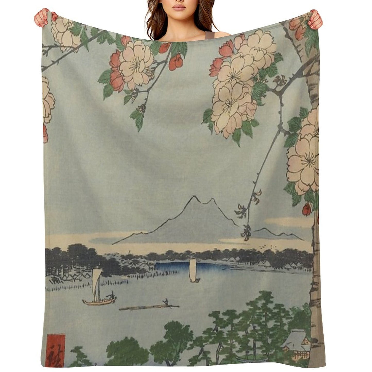 Cherry Blossoms on Spring River Ukiyo-e Japanese Art Throw Blanket