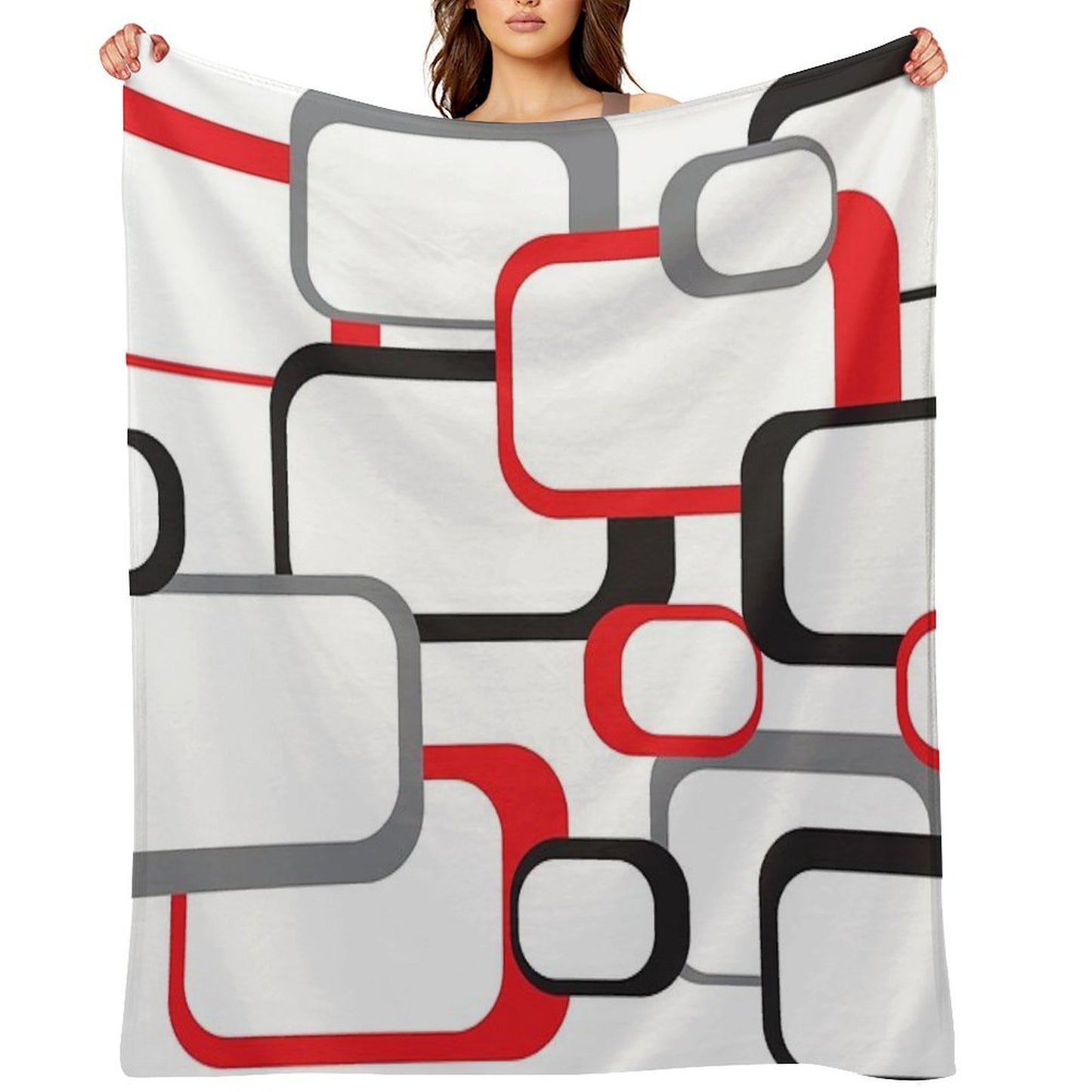 Retro Square Pattern Black Red Gray White Throw Blanket