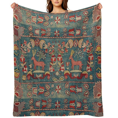 ANTIQUE  RED BLUE SWEDISH TAPESTRY WITH DEERS AND FLOWERS Throw Blanket