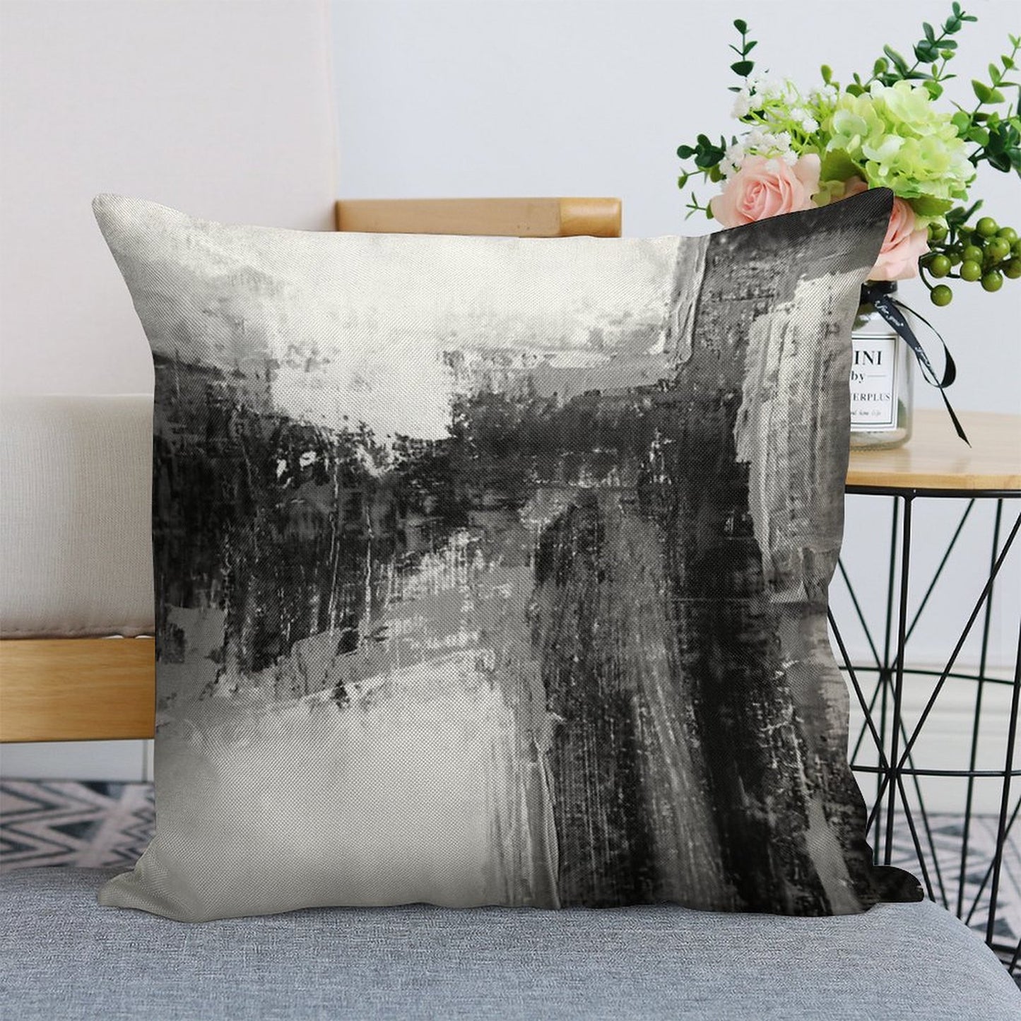 Black White Abstract Linen Throw Pillow Cover