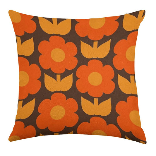 Jonnty Flowers Retro Floral Pattern in 70s Brown And Orange Linen Throw Pillow Cover