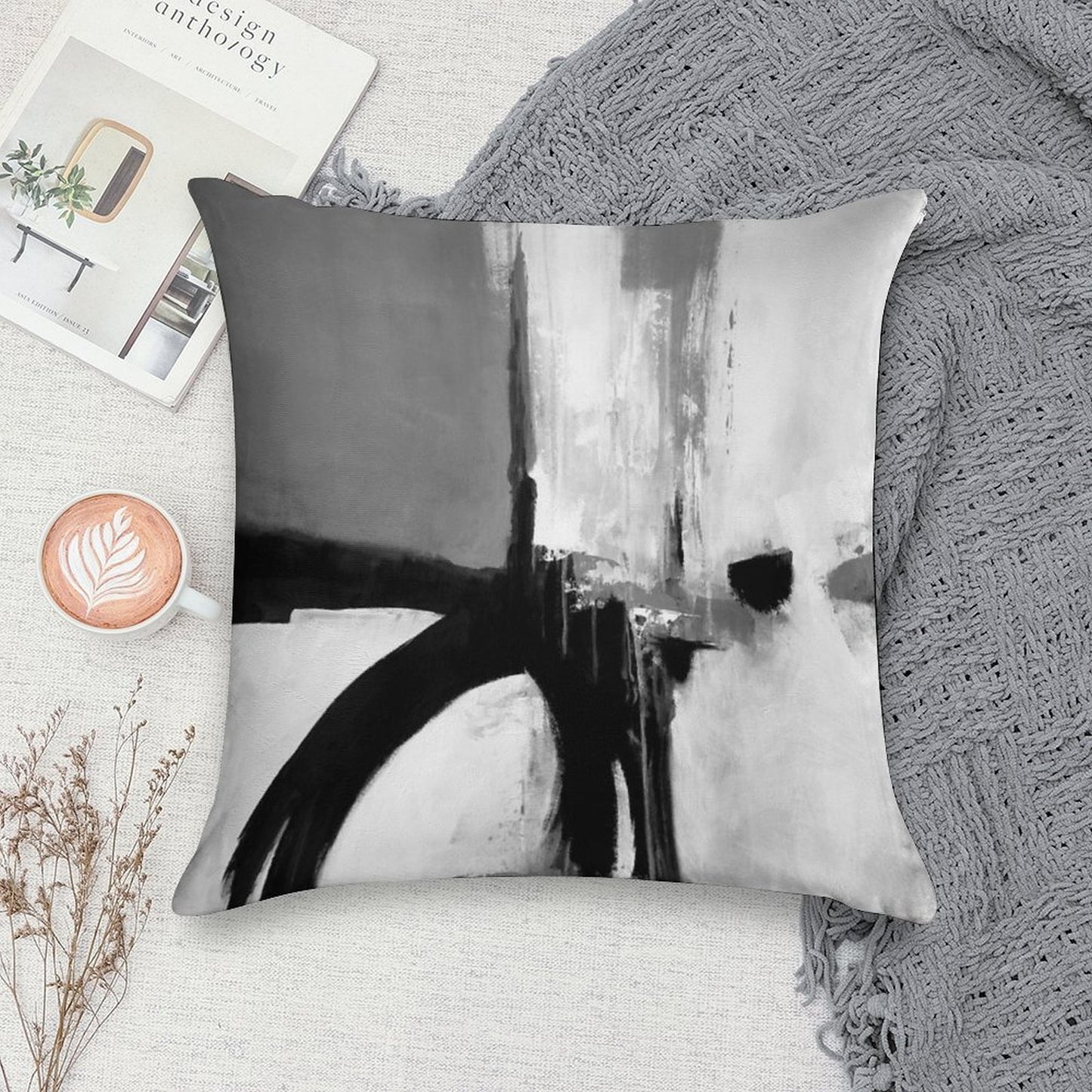 Black White Grey Abstract Soft Easy Maintenance Throw Pillow