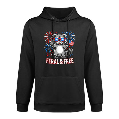 Feral & Free Raccoon Funny Patriotic 4th of July Kangaroo Pocket Hoodie