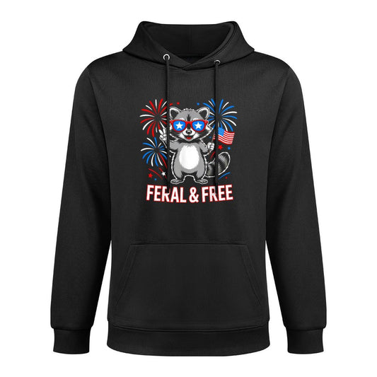 Feral & Free Raccoon Funny Patriotic 4th of July Kangaroo Pocket Hoodie