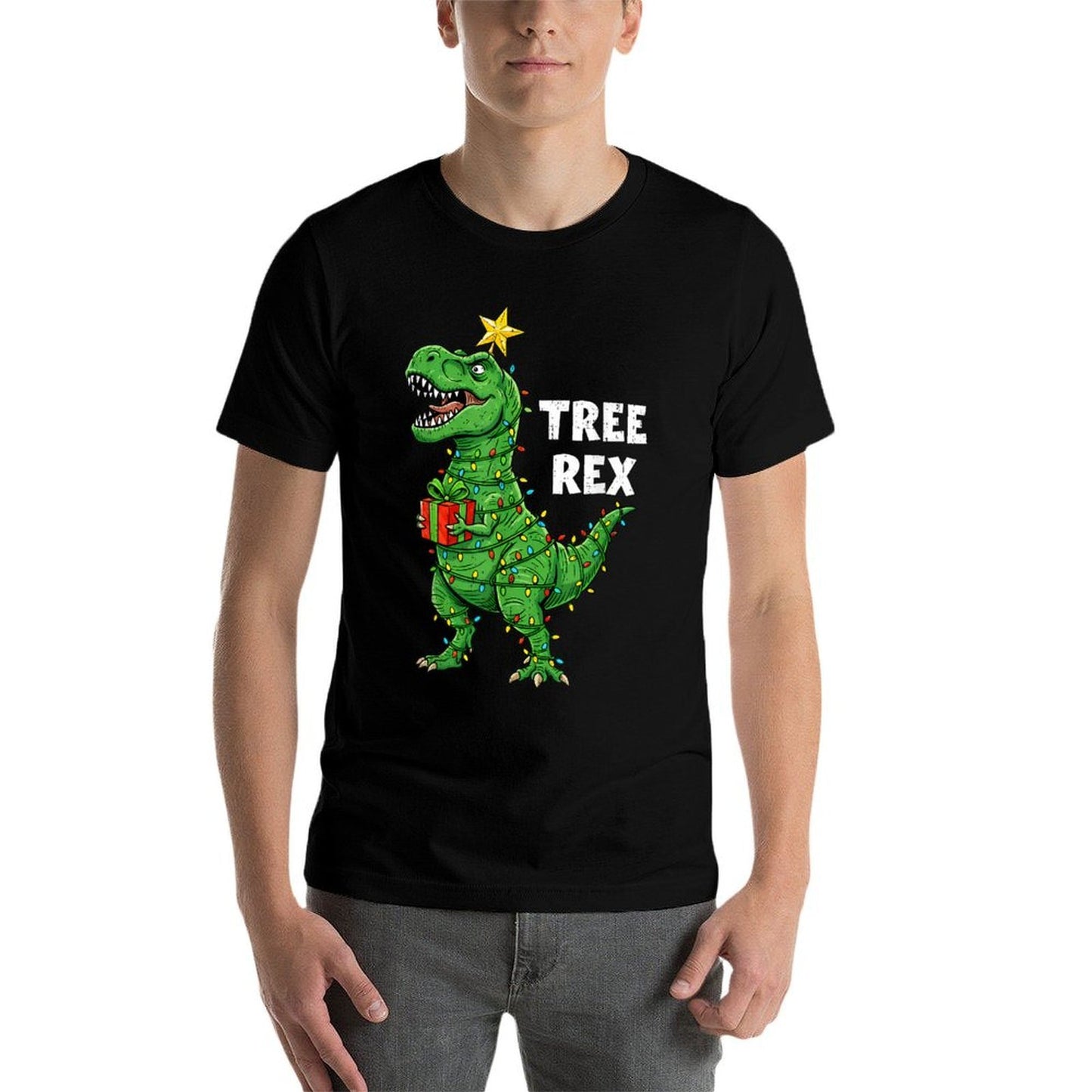 Funny Christmas Dinosaur Tree Rex Dino Santa Xmas Lights  Lightweight T-Shirt