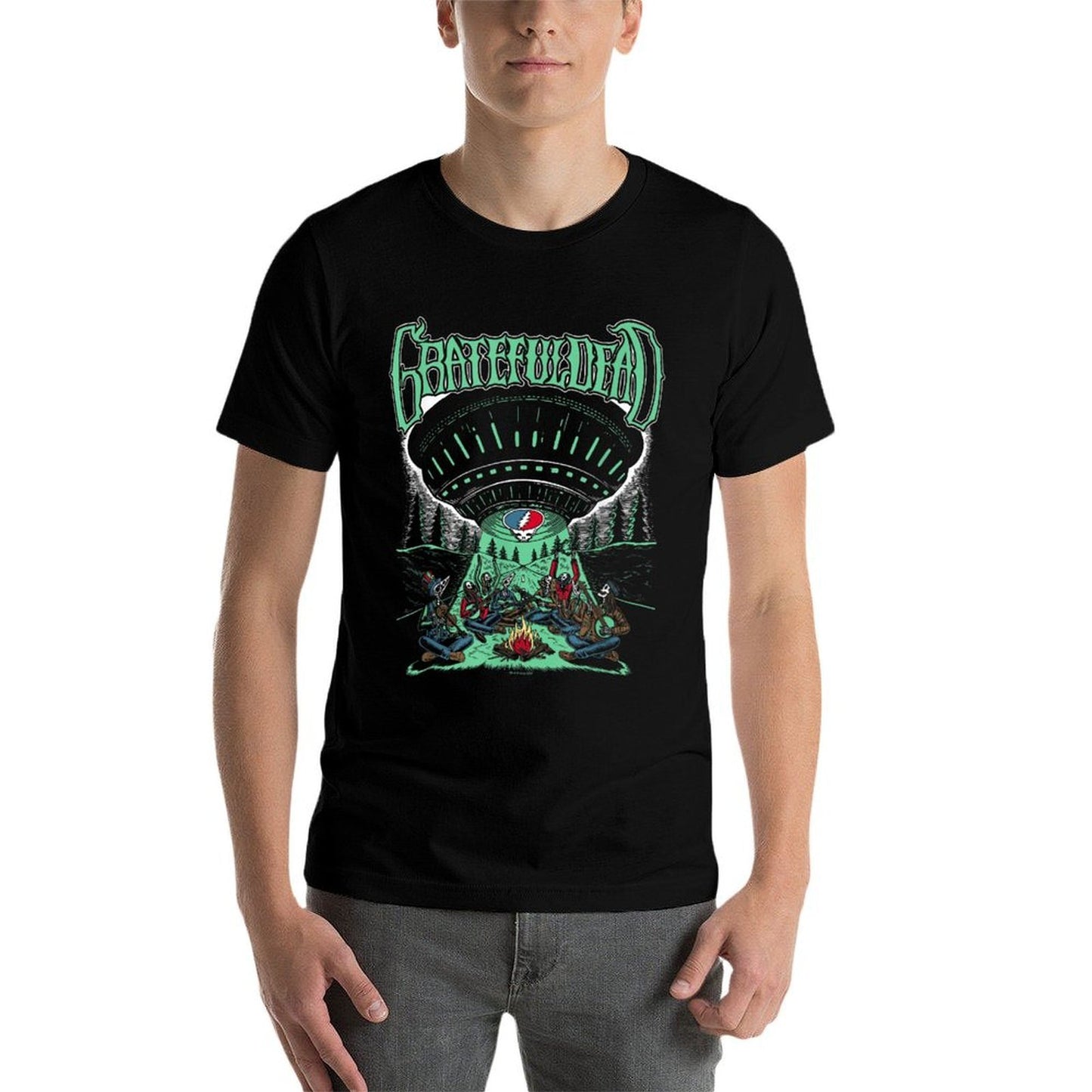 Grateful Dead Skeletons And Aliens Camping Band  Slim-fit Cut T-Shirt