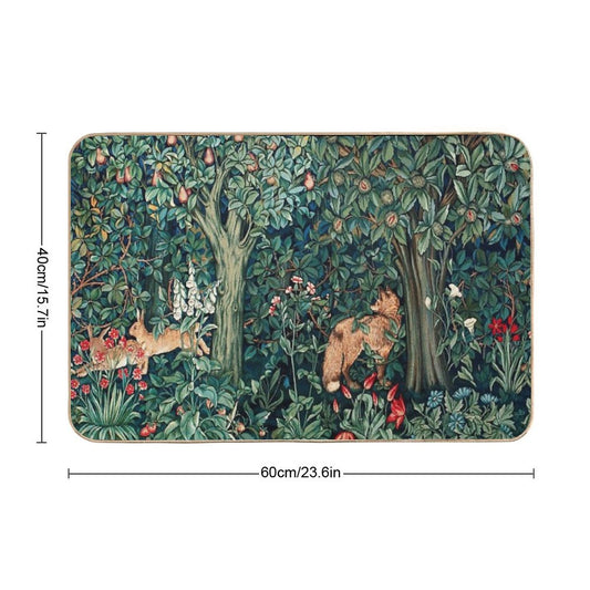 GREENERY, FOREST ANIMALS Fox And Hares Blue Green Floral Tapestry Bath Mat
