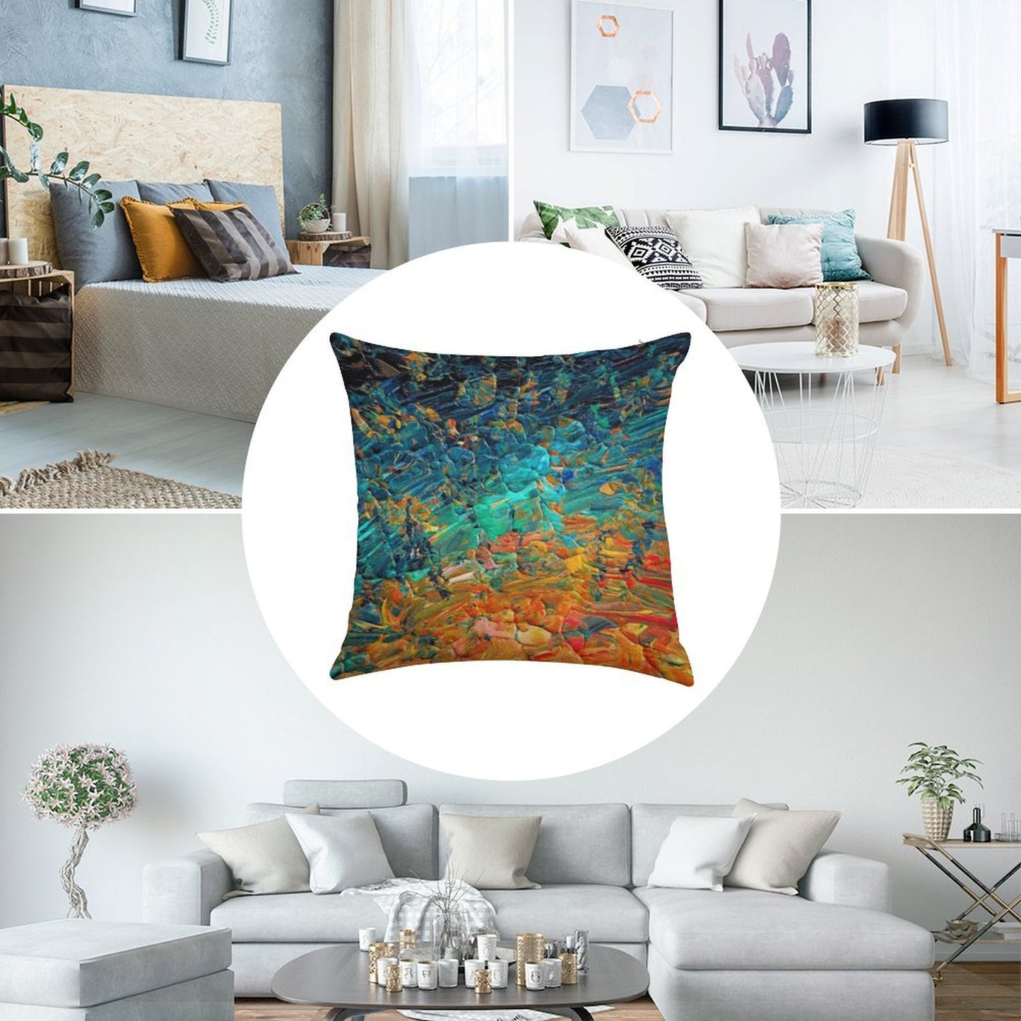 ETERNAL TIDE 2 Bold Rainbow Colorful Deep BlueTurquoise Aqua Orange Yellow Ombre Waves Abstract Acrylic Painting Linen Throw Pillow Cover