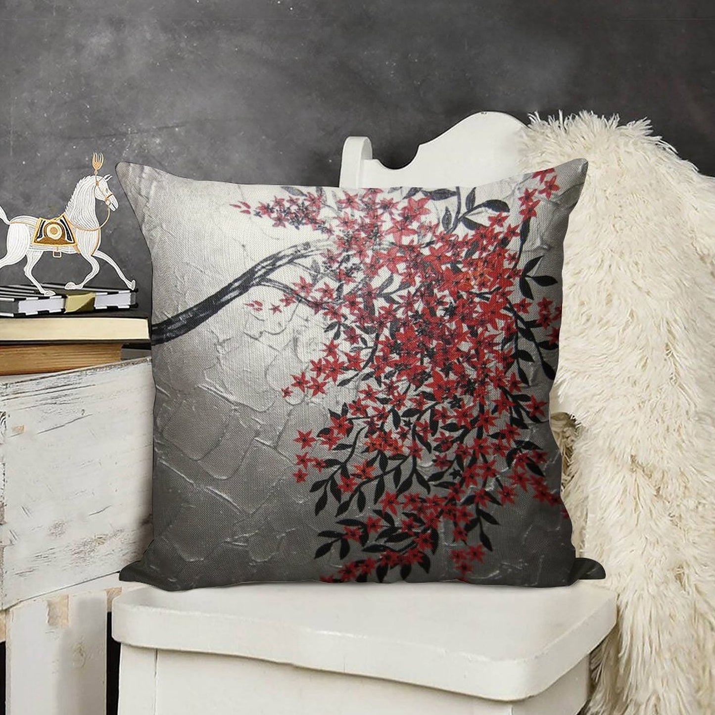 Red Black And Silver Cherry Blossom Tree Art Linen Throw Pillow Cover