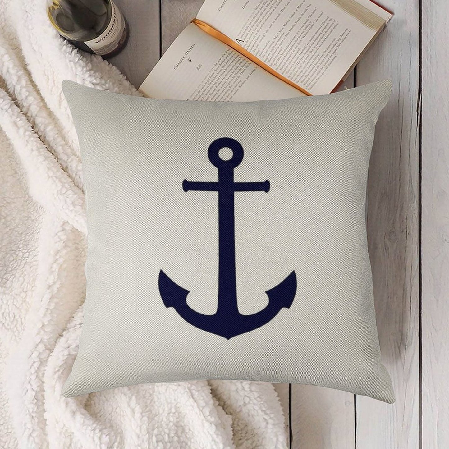 Navy Blue Anchor On White Linen Throw Pillow Cover