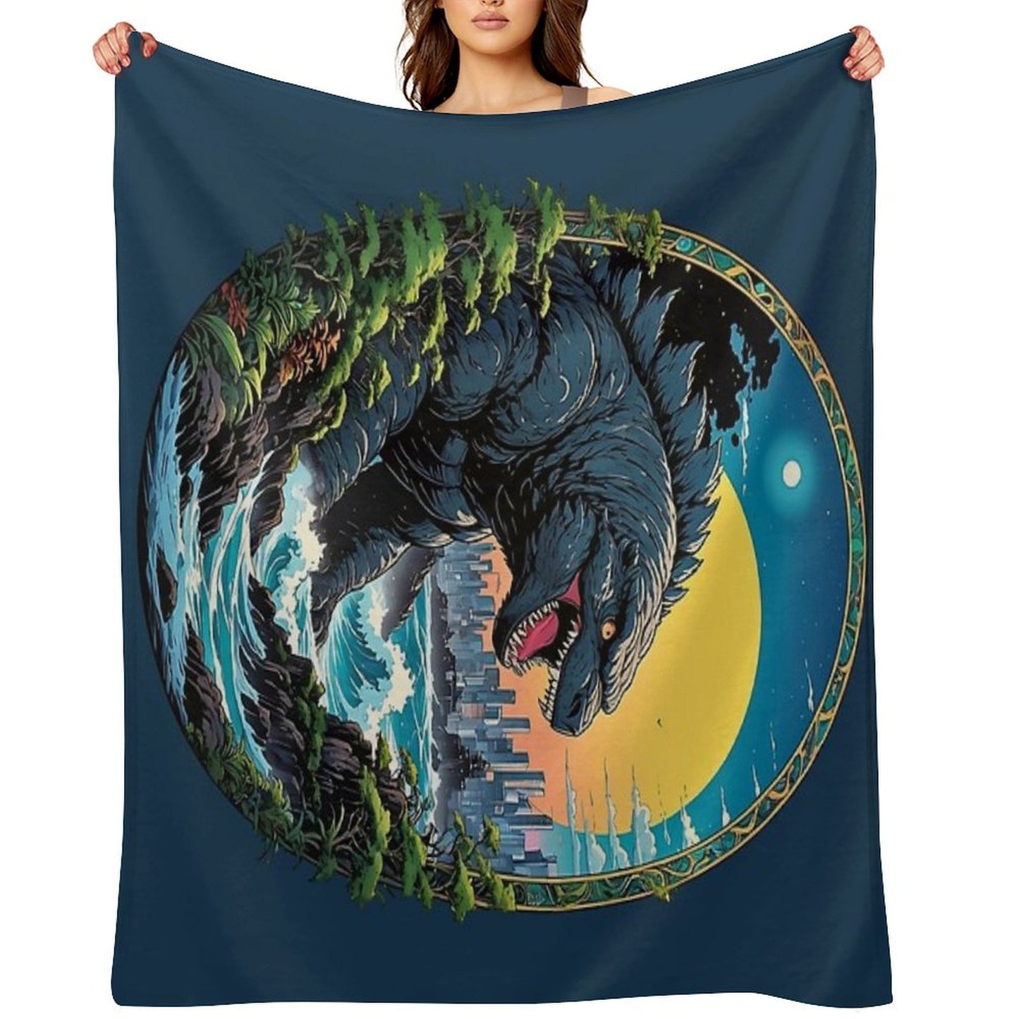 Godzilla Water Monster Gojira Retro Anime Japanese Art Throw Blanket
