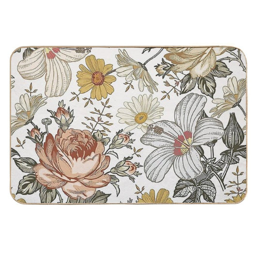 Blooming Beige Multicolor Peony Daisy Floreal Pattern  Absorbent Bath Mat