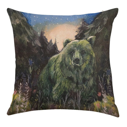 Sweet Grass Green Bear Linen Throw Pillow Cover