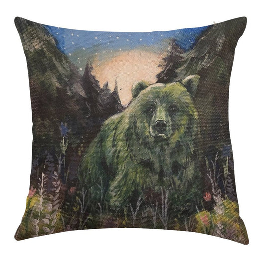 Sweet Grass Green Bear Linen Throw Pillow Cover