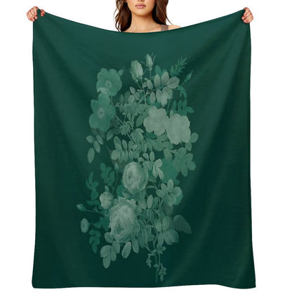 Dark Green Floral Collage, Bottle Green Monochrome Roses Bouquet Throw Blanket
