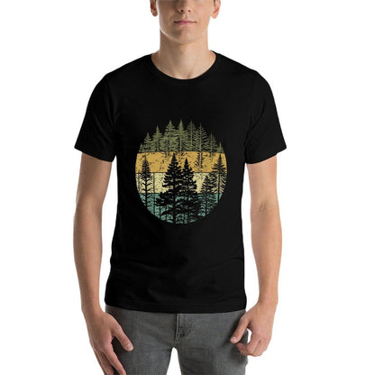 Retro Forest Trees Outdoors Nature Women Men Vintage Graphic  Rolled Sleeves T-Shirt