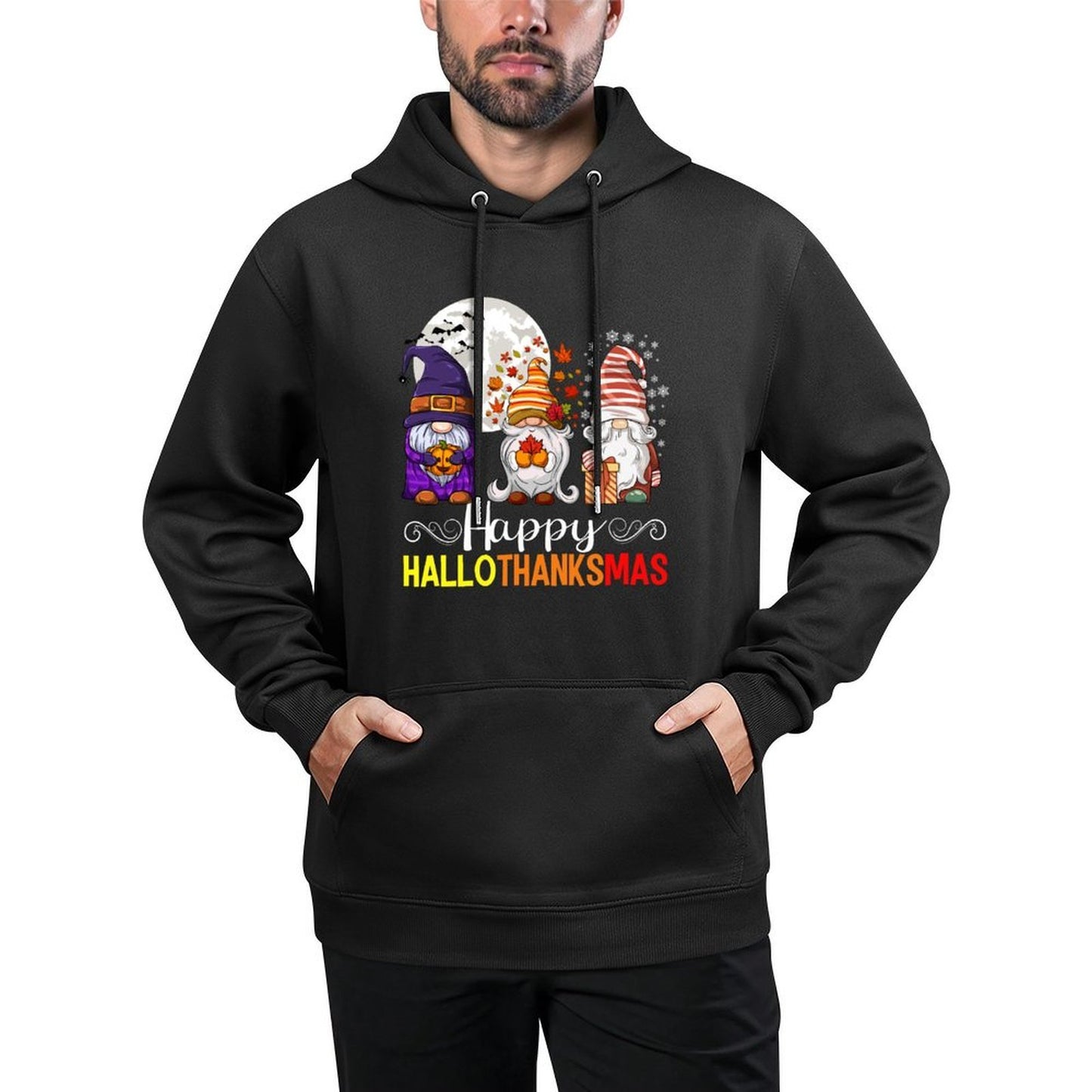 Halloween Thanksgiving Christmas Happy HalloThanksMas Gnomes Cotton-Polyester Blend Hoodie