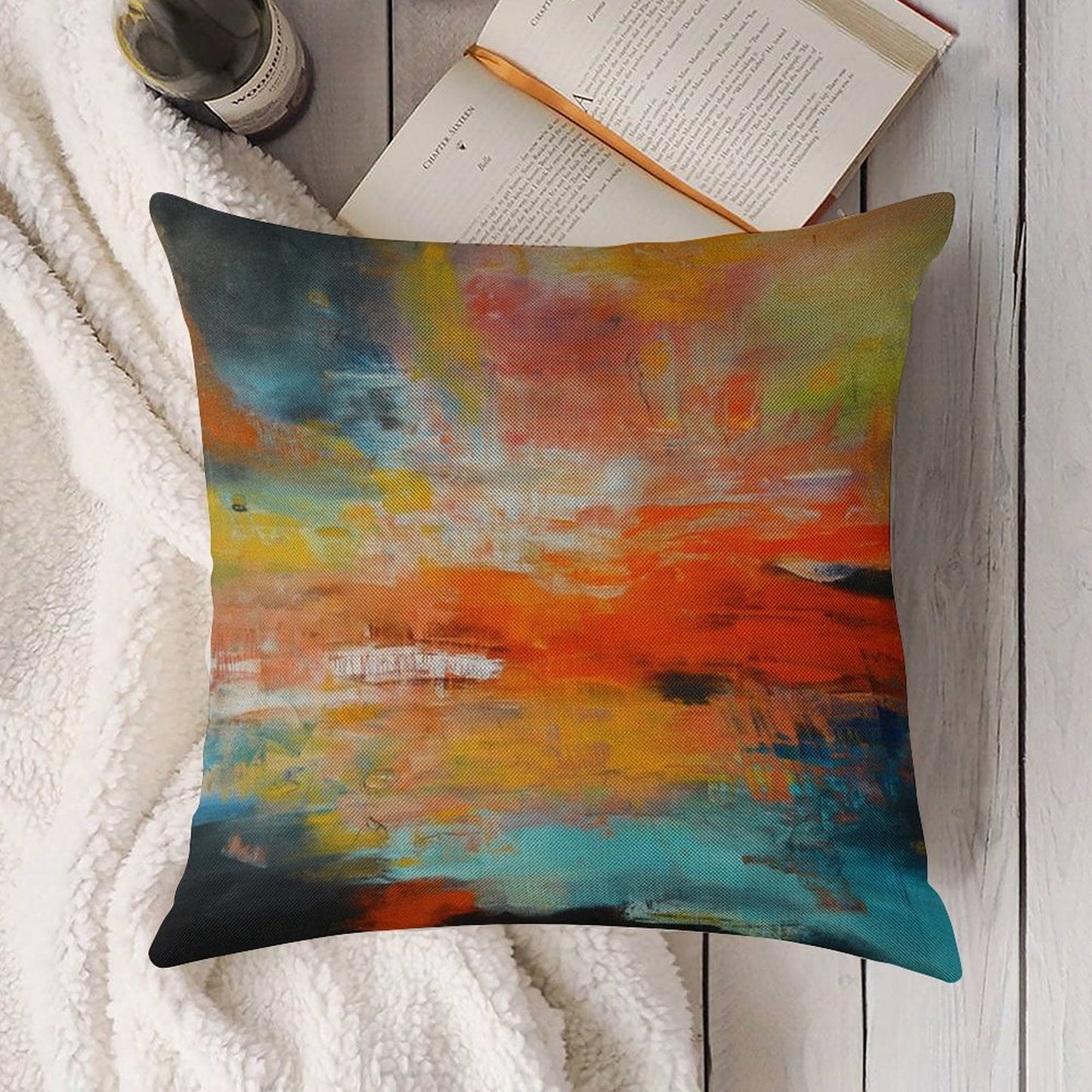 Red Abstract Sunset Landscape Painting Linen Throw Pillow Cover