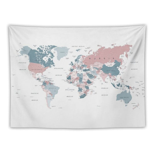 Map of The World in Pink And Blue Tapestry
